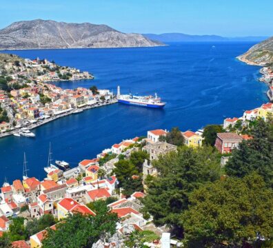 town, symi, greece, port, sea, island, coast, harbor, mountains, picturesque, nature, greek, scenery, greek islands, landscape