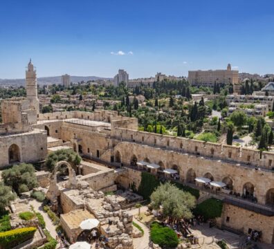 Stunning aerial view of Jerusalem's ancient architecture under a clear blue sky.
