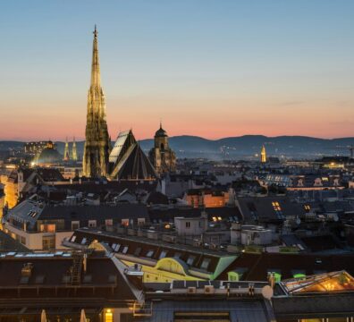 St. Stephen's Cathedral rising above the rooftops of Vienna at golden hour