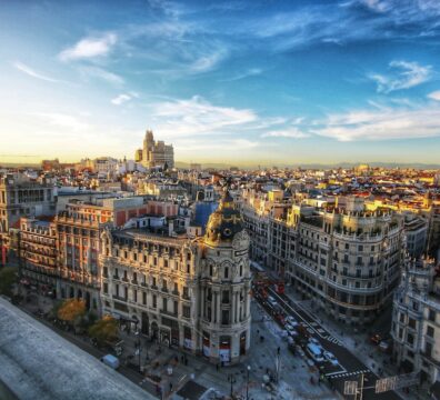 The Edificio Metropoli building at the intersection of Gran Vía in Madrid, Spain