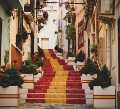 red, yellow, and white concrete stairs