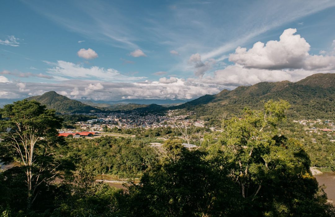 A panoramic view of Tingo María, Huanuco, Peru surrounded by lush mountains and vibrant greenery.